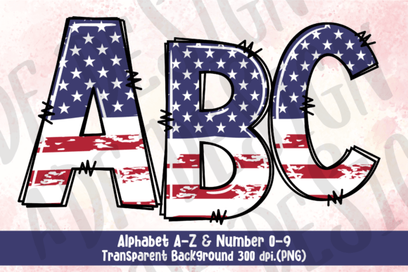 Creative USA Flag Doodle Alphabet Letters PNG for Designs